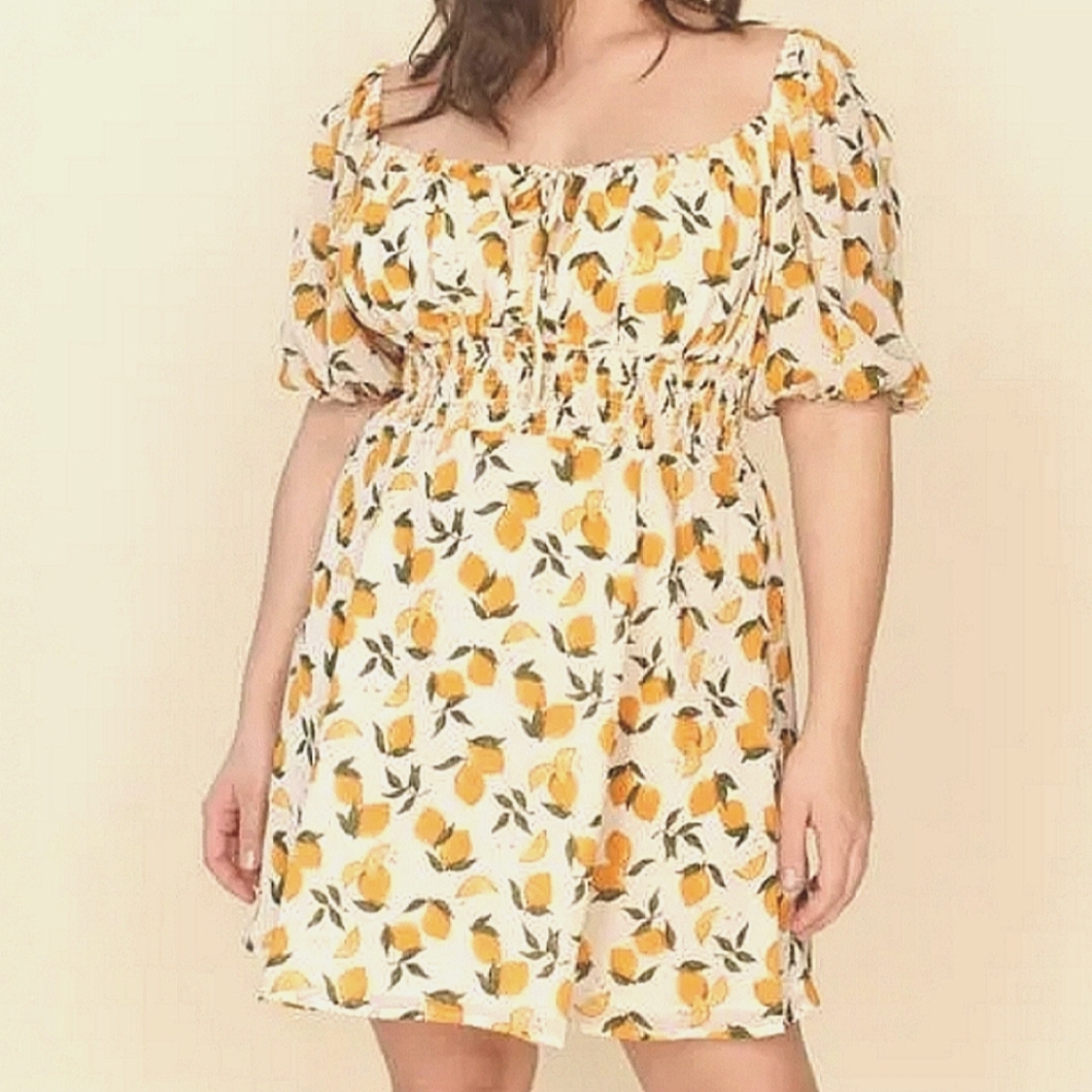 Reformation Lemon Fruit Print Jo Smocked Puff Sleeve Mini Dress Square Neck 24